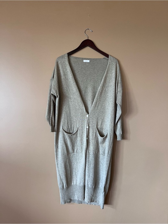 Suzy D Sweaters - Light Taupe Long Button-Front Cardigan with Pockets